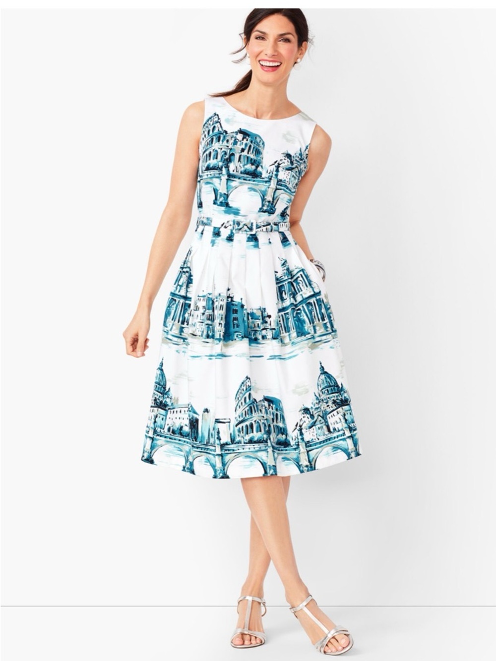 Talbots White & Teal Scenic Fit-and-Flare Midi Dress